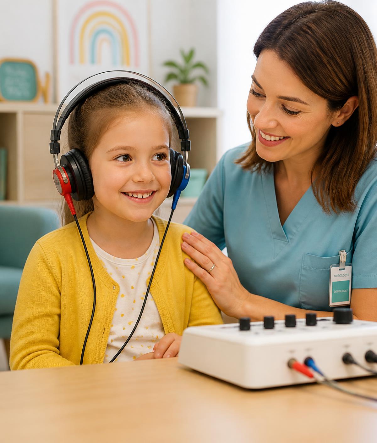 Criança usando fones durante exame de audiometria infantil na ABA VILI, em Santo André, ABC Paulista
