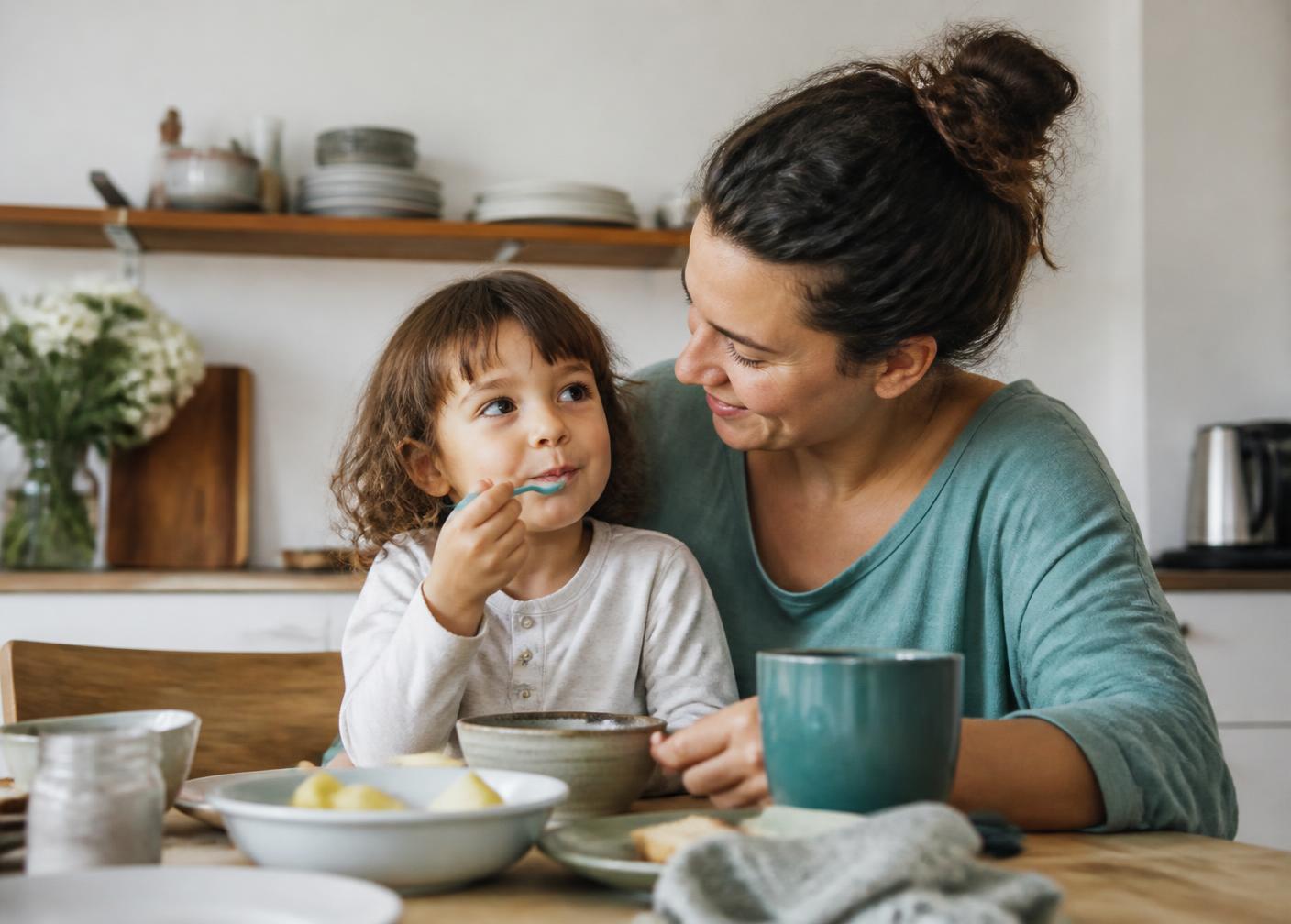 Mãe e filha em refeição tranquila em casa, tema de seletividade alimentar infantil