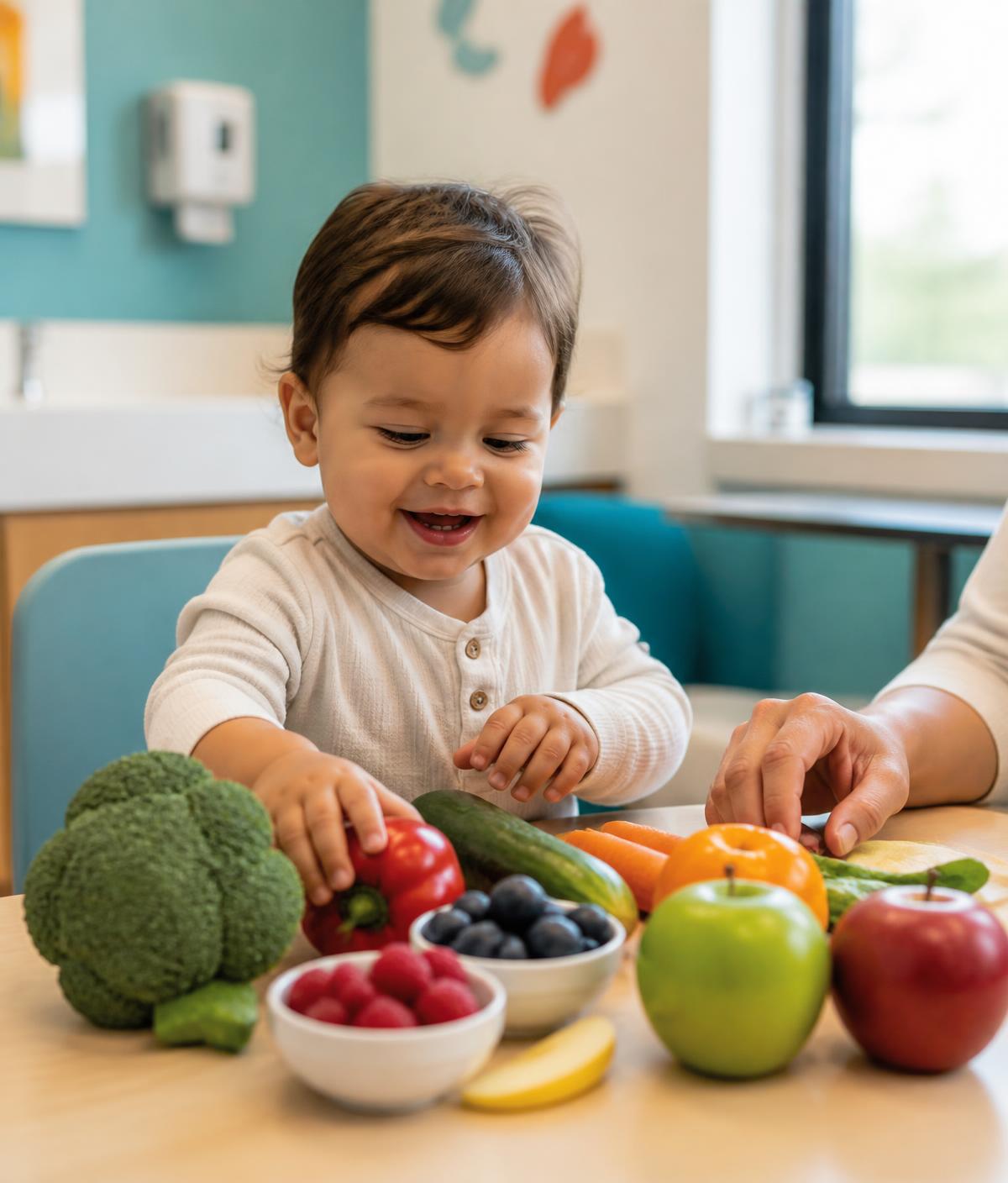 Criança explorando frutas e legumes coloridos durante atendimento de nutrição infantil na ABA VILI em Santo André